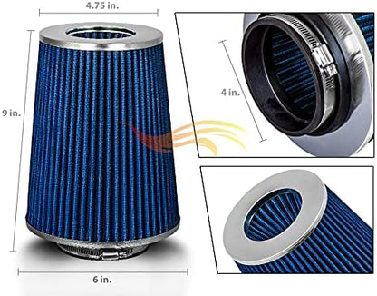 BLUE 4" 102 mm Inlet Truck Air Cone Replacement Performance Washable Clamp-On Dry Air Filter (8" Tall)