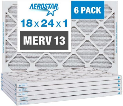 Aerostar 18x24x1 Air Filter MERV 13 (For Allergies, Dust, Lint, Mold, Pet Dander, Smoke, Smog & Bacteria) - Electrostatic MPR 1500-1900 & FPR 10 - Pleated HVAC AC Furnace Air Filters - Pack of 6
