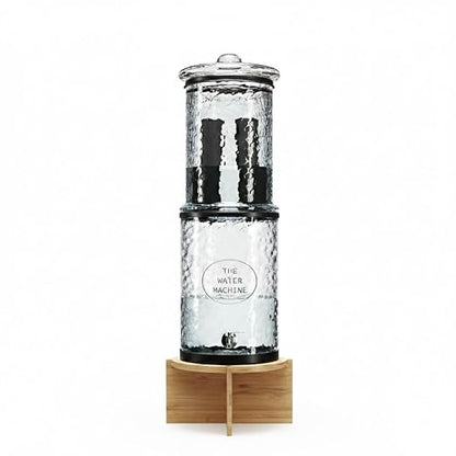 The Water Machine All Glass Purifier - Gravity Fed Water Filtration System with Activated Carbon Filters, Off Grid Emergency & Home Survival Portable Countertop Filter with Wooden Stand - 3 Gallon