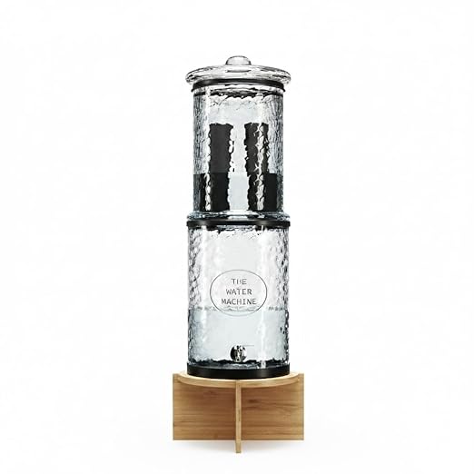 The Water Machine All Glass Purifier - Gravity Fed Water Filtration System with Activated Carbon Filters, Off Grid Emergency & Home Survival Portable Countertop Filter with Wooden Stand - 3 Gallon