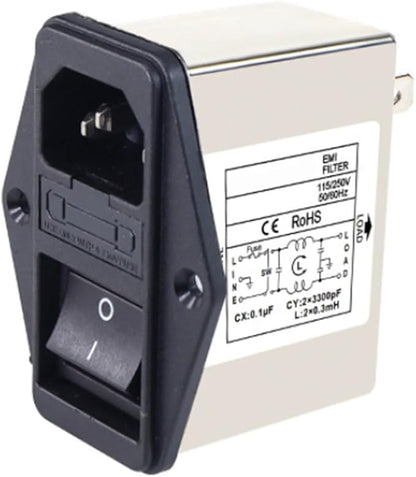 IEC Power Filter, Inlet Power Socket, IEC Socket Power Filter with Built-in Fuse and Rocker Switch, Noise Suppression, Compatible with CW2C-3A-T/CW2B-6A-T/CW2B-10A-T (CW2C-10A-T)