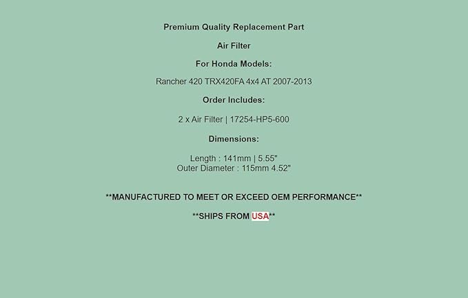 Replacement Air Filter Element Cleaner for Honda Rancher 420 TRX420FA 4x4 AT 2007-2013 QTY 2
