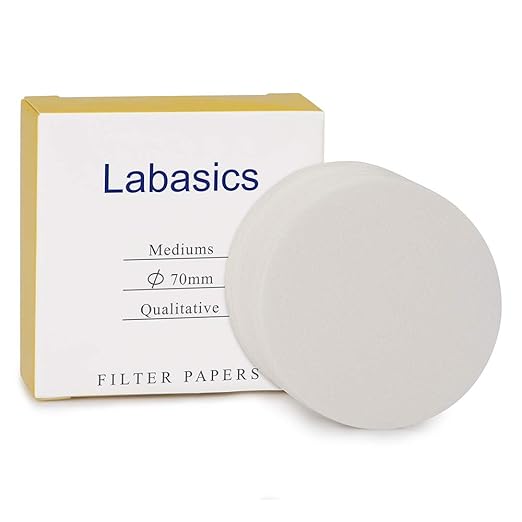 Labasics Qualitative Filter Paper Circles, 70 mm Diameter Cellulose Filter Paper with 15-20 Micron Particle Retention Medium Filtration Speed, Pack of 100