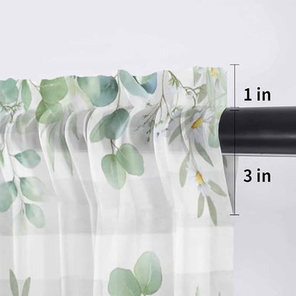 Eucalyptus Leaves Daisy Sheer Valance Curtains, Summer Farmhouses Gray Plaid Light Filtering Kitchen Valances Rod Pocket Voile Curtain Window Treatment for Bedroom/Living Room/Basement 42Wx18L