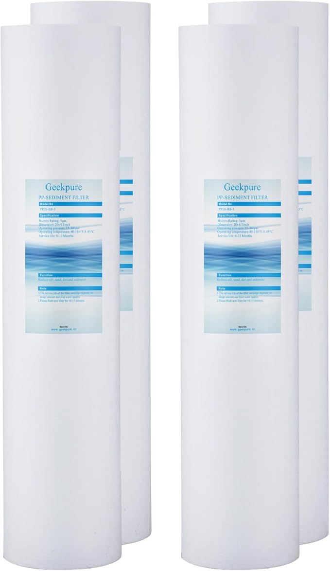 Geekpure 20-Inch Whole House Polypropylene PP Sediment Replacement Filters-4.5" x 20"-5 Micron-Pack of 4