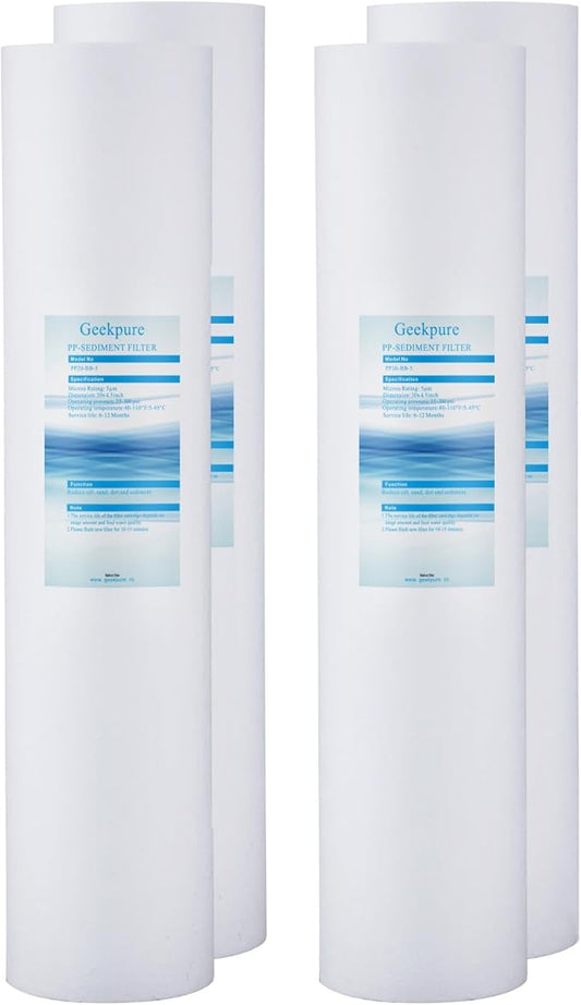 Geekpure 20-Inch Whole House Polypropylene PP Sediment Replacement Filters-4.5" x 20"-5 Micron-Pack of 4
