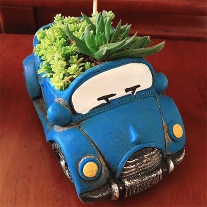 Blue Planter, Cute Succulent Pots, Small Plant Pots with Drainage Hole (Blue Car)