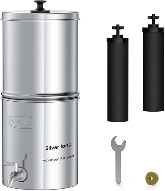 Waterdrop Gravity Water Filter, 2.25G Stainless-Steel System with Silver Ions Enhanced Filtration with 2 Black Carbon Filters, NSF/ANSI 42&372 Standard, Reduces Chlorine for Emergencies