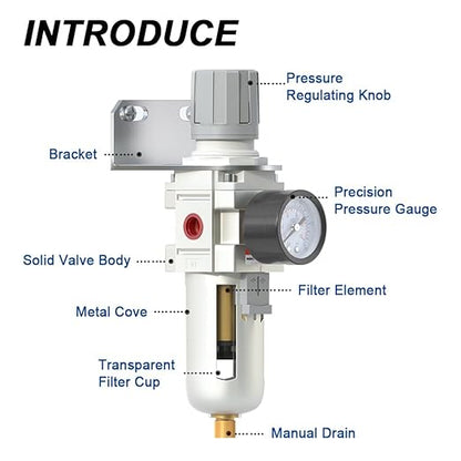 AIRZOE 1/2" NPT Air Filter Regulator Combo Piggyback,5 Micron Brass Element, Semi-Auto Drain,Air Pressure Regulator AW4000-04,0-145 psi Gauge