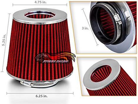 Rtunes Racing Universal Clamp-On Air Filter, Standard Cone, Dry Washable Design, Multiple Inlet Sizes (Red, 3" Inch)