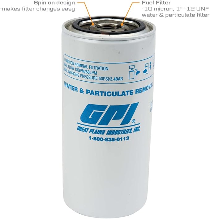 GPI PW-18-10-1 Water and Particulate Fuel Filter for use with Fuel Transfer Pumps up to 18 GPM (67 LPM), 10 Micron, 1-12 UNF Thread (GPI Genuine Accessory 129300-02)