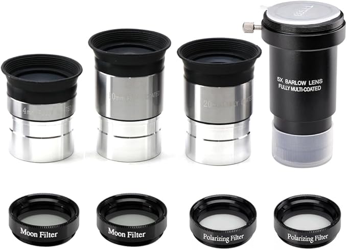 Complete Telescope Eyepiece Set - Multi-Coated Optics - 1.25 inch Eyepiece Set with 4mm, 10mm, 20mm Lenses, 5X Barlow Lens, 2 Moon Filters, 2 Polarizing Filters