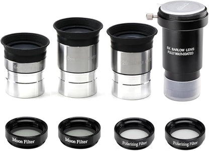 Complete Telescope Eyepiece Set - Multi-Coated Optics - 1.25 inch Eyepiece Set with 4mm, 10mm, 20mm Lenses, 5X Barlow Lens, 2 Moon Filters, 2 Polarizing Filters