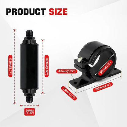 BARTOO 100 Micron Inline Fuel Filter with 6AN 8AN 10AN Adapter and 50MM Mounting Bracket For Filtering Gasoline, Diesel, E85(Red)