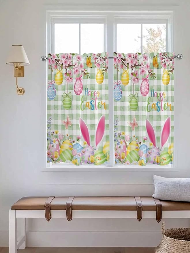 Happy Easter Kitchen Curtains 54 Inches Length, Spring Bunny Eggs Flower Sage Green Plaid Window Treatment Curtain Drapes, Thermal Insulated Drapes for Basement Hotel RV, 42"x54", 2 Panels