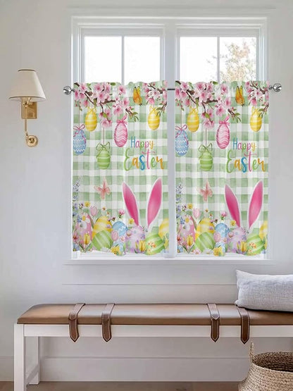 Happy Easter Kitchen Curtains 45 Inches length, Spring Bunny Eggs Flower Sage Green Plaid Window Treatment Curtain Drapes, Lightweight Window Panels for Living Room Bedroom, 52"x45", 2 Panels