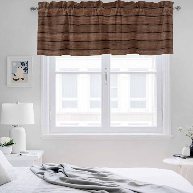 2 Pack Kitchen Valance for Windows, Farm Brown Wood Board Light Filtering Rod Pocket Valances Short Curtain, Vintage Farmhouses Barn Window Curtain for Bedroom Bathroom Living Room 42x12in