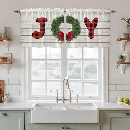 Christmas Wreaths Kitchen Tier Curtains 36 Inch Long 2 Panel Set,Rod Pocket Half Window Curtains Over Sink,Winter Bow Plaid Farmhouse Wooden Grain Short Drapes for Bathroom Cafe 27.5"W x 36"L