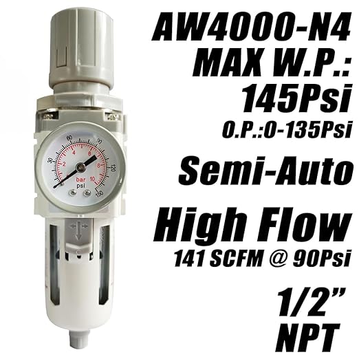 1/2" NPT Air Filter Pressure Regulator Combo Water Separator for Air Compressor Line Semi-Auto Drain 5 Micron Brass Element 0-150 psi Gauge