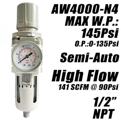 1/2" NPT Air Filter Pressure Regulator Combo Water Separator for Air Compressor Line Semi-Auto Drain 5 Micron Brass Element 0-150 psi Gauge