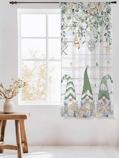 Sheer Curtains 63 Inch Length, Coastal Eucalyptus Leaf Semi Sheer Curtains Light Filtering Window Treatment, Sage Green Gnomes Starfish Privacy Voile Drapes for Living Room Bedroom 52x63 Inch