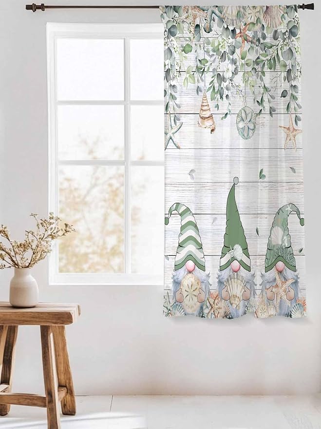 Sheer Curtains 72 Inches Long, Coastal Eucalyptus Leaf Semi Sheer Curtains Light Filtering Window Treatment, Sage Green Gnomes Starfish Privacy Voile Drapes for Living Room Bedroom 52x72 Inch