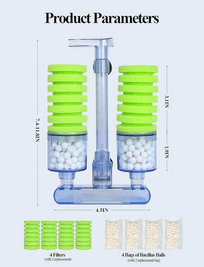 UPETTOOLS Aquarium Biochemical Sponge Filter（M）, Ultra Quite Aquarium Air Pump Double Head Bio Sponge Fish Tank Foam Filter,15-50 Gallon