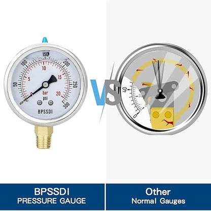 0-300 Psi Glycerin Liquid Filled Pressure Gauge, 2.5" Dial Size, 1/4" NPT Lower Mount, 304 Stainless Steel Case, for Pool Pump Sand Filter Air Compressor, Water Oil Air Pressure Test