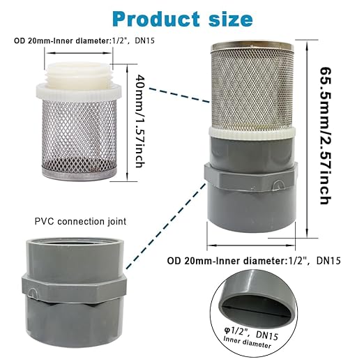 DN15 inch stainless steel filter cover connected to 1/2" grey pvc filter DN15 water pipe, suction hose strainer used to remove debris and reduce solid entry(1pcs)