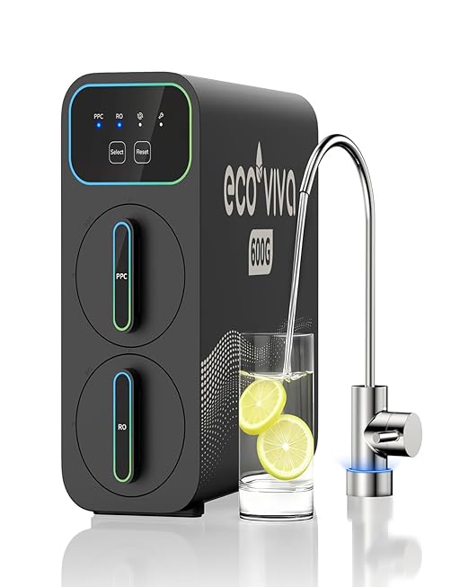 Ecoviva E6 Compact-Thin 5" Width Reverse Osmosis Water Filter Under-Sink 600GPD Water Filtration with Faucet, 9-Stage Tankless RO System, Reduces TDS, Compact Design for Any Space for Kitchen