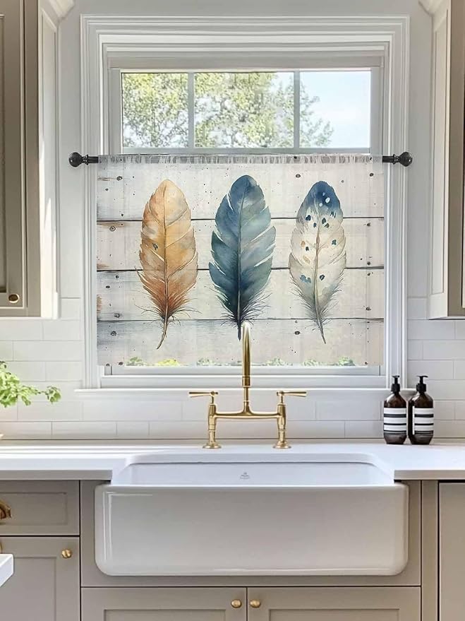 Sheer Curtains 45 Inch Length, Boho Blue Feathers Semi Sheer Curtains Light Filtering Window Treatment, Country Vintage Wooden Grain Privacy Voile Drapes for Living Room Bedroom 52x45 Inch