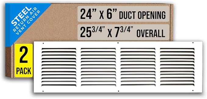 [2 Pack] Fits 24x6 Duct Opening | Steel Return Air Grille by Handua | Vent Cover Grill for Sidewall and Ceiling | White | HVAC Cold Air Intake Grille | Outer Dimensions: 25.75"W X 7.75"