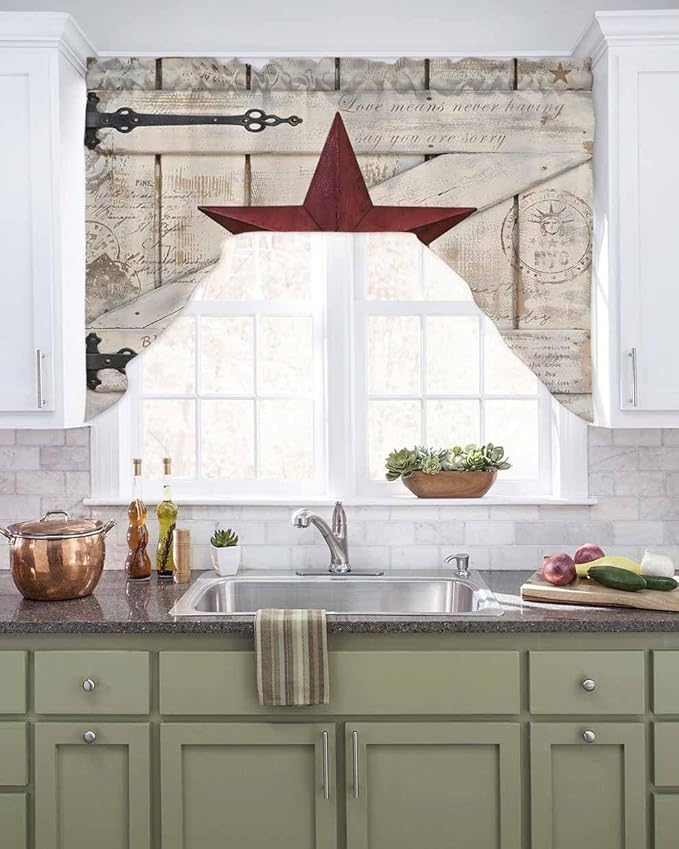 Village Stars Swag Kitchen Curtains Valance and Tier Set, Vintage Dark Red Star Beige Barn Doors Light-Filtering Swag Valance, Rod Pocket Short Curtain for Bedroom Cafe, 56x36 inches