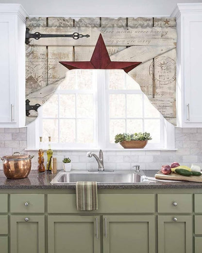 Village Stars Swag Kitchen Curtains Valance and Tier Set, Vintage Dark Red Star Beige Barn Doors Light-Filtering Swag Valance, Rod Pocket Short Curtain for Bedroom Cafe, 56x36 inches