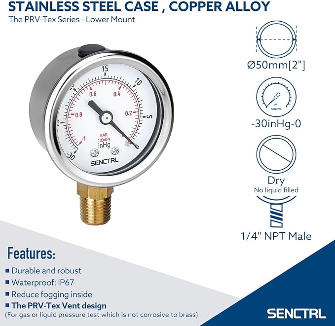SENCTRL 30inHg Vacuum Pressure Gauge, 2" Dial, 1/4 NPT Lower Mount, Waterproof, Stainless Steel Case, for Tube Tester, HVAC, Pneumatic Air Compressor, Hand Pump, Valve Test