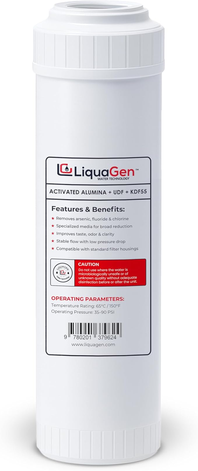LiquaGen Activated Alumina + Carbon + KDF-55 Replacement Water Filter Cartridge – Helps Manage Fluoride, Chlorine & Taste, Refillable 2.5" x 10", 2.5" x 20", 4.5" x 10", 4.5" x 20" (1, 2.5" x 10")