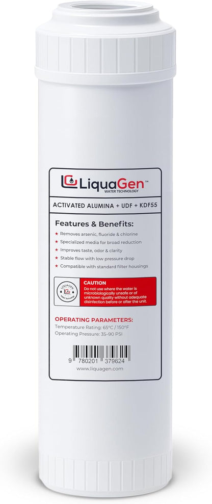 LiquaGen Activated Alumina + Carbon + KDF-55 Replacement Water Filter Cartridge – Helps Manage Fluoride, Chlorine & Taste, Refillable 2.5" x 10", 2.5" x 20", 4.5" x 10", 4.5" x 20" (1, 2.5" x 10")