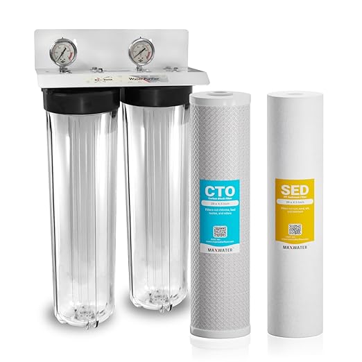 20" x 4.5" 2 Stage Whole House Water Filter System, 1" NPFT Port 2 Clear Housing 2 Pressure Gauge 5 Micron Sediment Water Filter, CTO Filter, Ball Valve, Fitting & Wrench CB2-SED-CAB20-BB, WGB22B