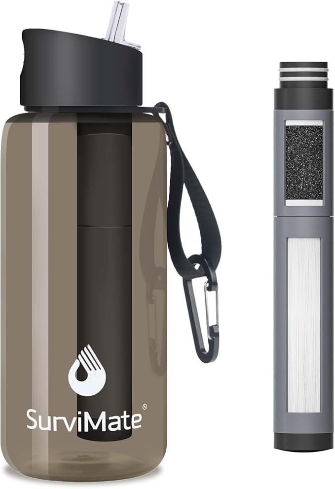 SurviMate 5-Stage 0.01μm Ultra-Filtration Filtered Water Bottle, BPA-Free Material, NSF/ANSI 42&372 Certified, Portable Water Filter Bottle for Survival, Camping, Hiking, and Emergency Use