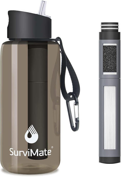 SurviMate 5-Stage 0.01μm Ultra-Filtration Filtered Water Bottle, BPA-Free Material, NSF/ANSI 42&372 Certified, Portable Water Filter Bottle for Survival, Camping, Hiking, and Emergency Use