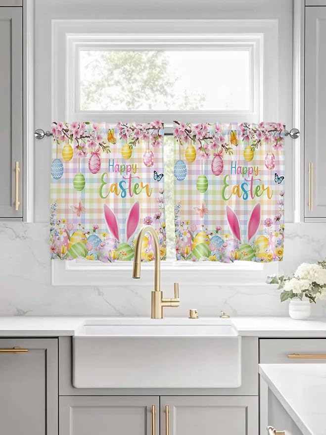 Happy Easter Half Window Curtains 24 Inches Long, Spring Bunny Colorful Eggs Flower Plaid Window Treatment Curtain Drapes, Short Curtains Tiers for Kitchen Over Sink, 27.5"x24", 2 Panels