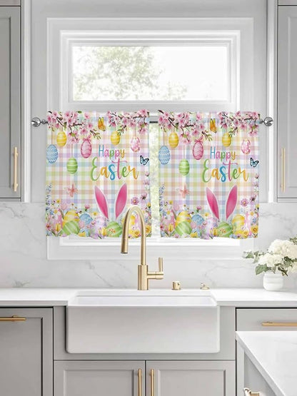 Happy Easter Half Window Curtains 24 Inches Long, Spring Bunny Colorful Eggs Flower Plaid Window Treatment Curtain Drapes, Short Curtains Tiers for Kitchen Over Sink, 27.5"x24", 2 Panels