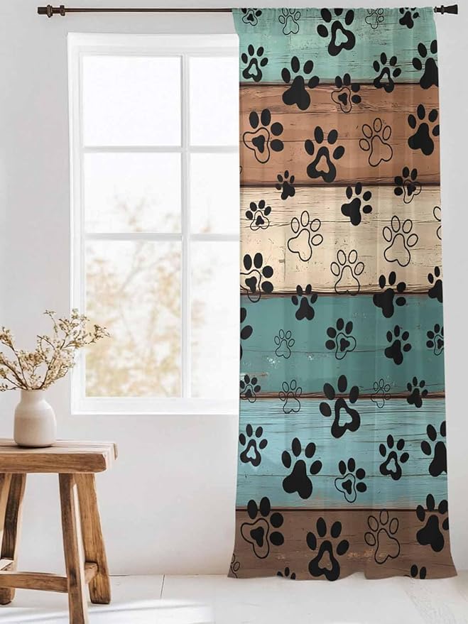Sheer Curtains 96 Inches Long, Green Brown Paw Print Semi Sheer Curtains Light Filtering Window Treatment, Vintage Farmhouse Country Wooden Grain Privacy Voile Drapes for Living Room 52x96 Inch