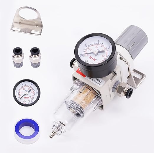 RIH 1/4" NPT Compressed Air Filter Regulator Combo Piggyback, 5 Micron Brass Element, Poly Bowl, Semi-Auto Drain, Metal Bracket, 0-150 psi Gauge Air Tool Compressor Filter with Gauge (1/4" NPT)
