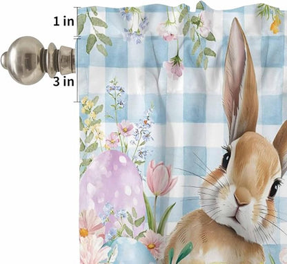 Kitchen Curtains Tiers and Valance Set of 3, Easter Light Filtering Window Curtain Set, Spring Rabbit Eggs Seasonal Flowers Blue Lattice Rod Pocket Curtain Drapes for Living Room, 36 Inches Tiers