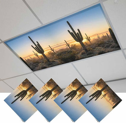 Fluorescent Light Covers for Drop Ceiling Desert Cactus Sunset Magnetic Light Filters, Tropical Plant Natural Scenery Ceiling Shade Filters for Home Classroom Office,2x4 ft,4Packs