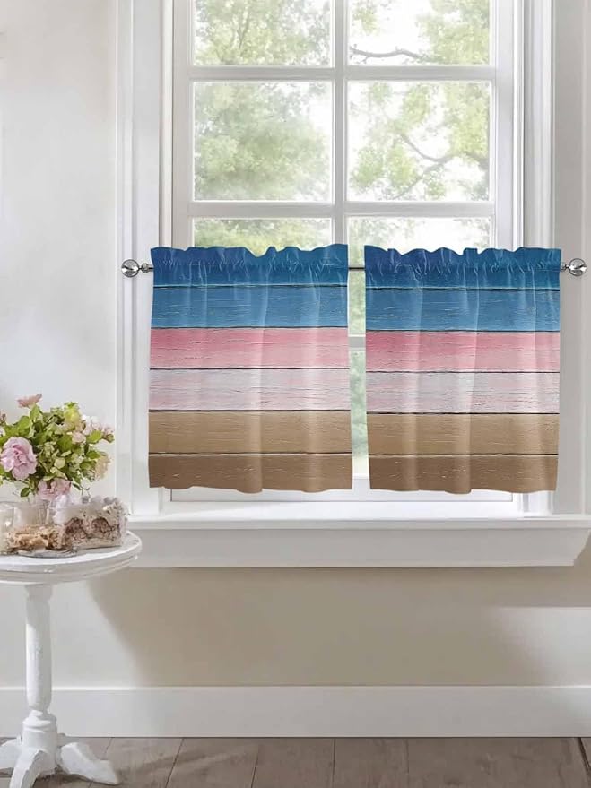 Blue Pink Brown Gradient Wood Grain Window Valance Curtains, Vintage Wood Board Light Filtering Kitchen Valance with 3-inch Rod Pocket for Living Room Bathroom Bedroom,2 Panel,27.5x36In