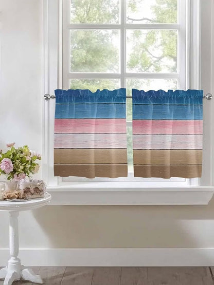 Blue Pink Brown Gradient Wood Grain Window Valance Curtains, Vintage Wood Board Light Filtering Kitchen Valance with 3-inch Rod Pocket for Living Room Bathroom Bedroom,2 Panel,27.5x36In