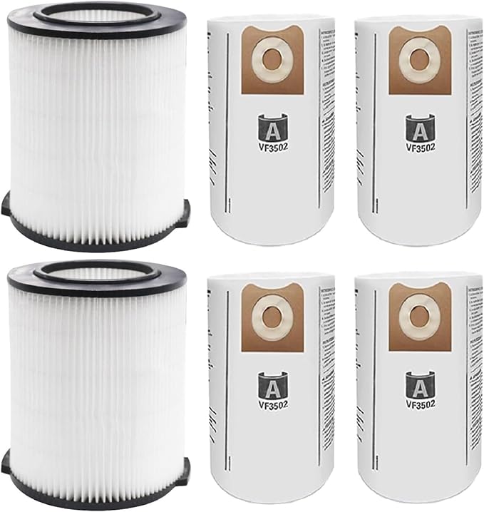 2 Pack Replacement VF4000 Filter for Ridgid Shop Vac Filter 5-20 Gallon, Standard H13 HEAP Wet/Dry Rigid Shop Vac Filters Compatible with Husky 6-9 Gallon Vacs, With 4 Pack VF3502 Bags