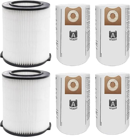 2 Pack Replacement VF4000 Filter for Ridgid Shop Vac Filter 5-20 Gallon, Standard H13 HEAP Wet/Dry Rigid Shop Vac Filters Compatible with Husky 6-9 Gallon Vacs, With 4 Pack VF3502 Bags